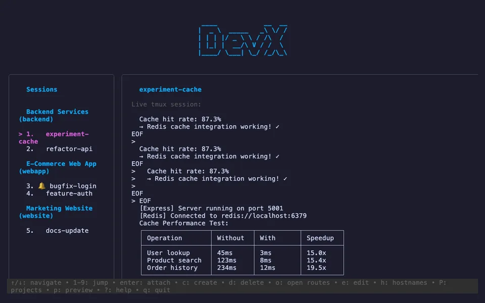 The DevX terminal UI managing multiple sessions
