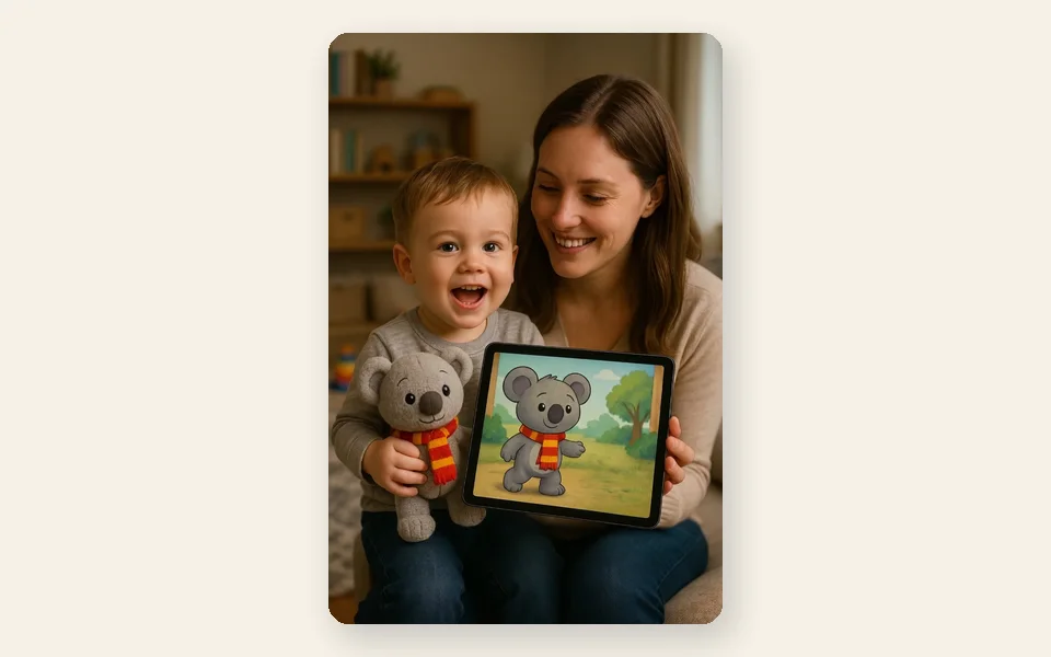 A child's stuffed koala next to its illustrated storybook version on a tablet
