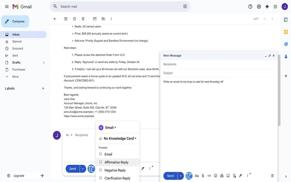 ToneClone drafting an email inside Gmail